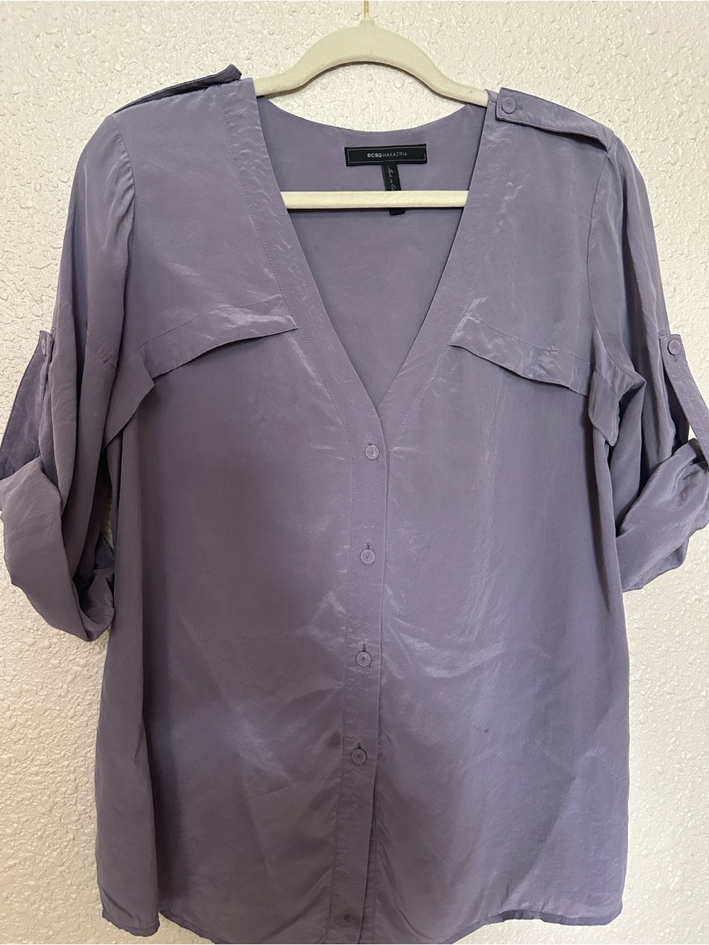 BCBGMAXAZRIA Drew 100% Silk Roll-Tab Blouse - Frosted Plum - Size S - Picture 6 of 6